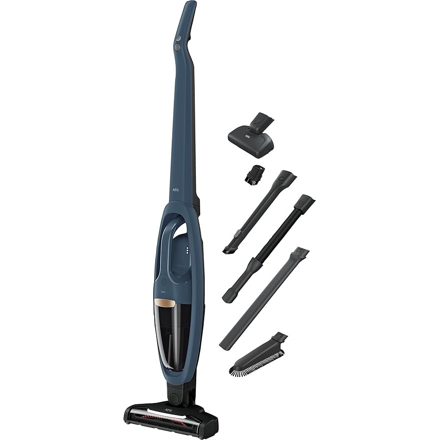 AEG Aspirator Vertical fara Fir, Silentios, 2-in-1, Autonomie 50 Min, Usor, pentru Podele Dure, Mochete, Par de Animale, Masina, Albastru