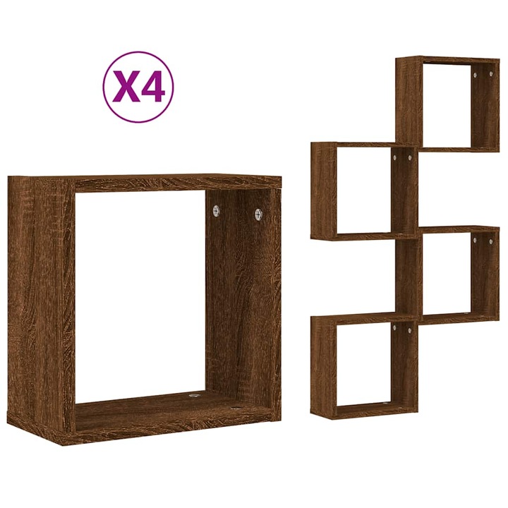 Set rafturi cuburi de perete vidaXL, 4 buc Stejar maro 30x15x30 cm 6.5 kg