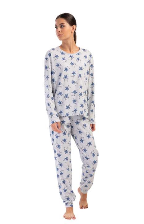 Pijamale de dama din bumbac, Vienetta, confortabile, PD657, Maneca lunga, Decolteu Rotund, Pantaloni Lungi, Albastru, Stelute