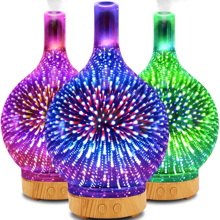 Légpárásító, illóolajos aromaterápiás diffúzorral, RETOO PureAir, üvegernyővel, 14 színű RGB világítással és időzítővel, automatikus kikapcsolás víz nélkül, 100 ml, 35 ml/h, 11 W, fa-többszínű
