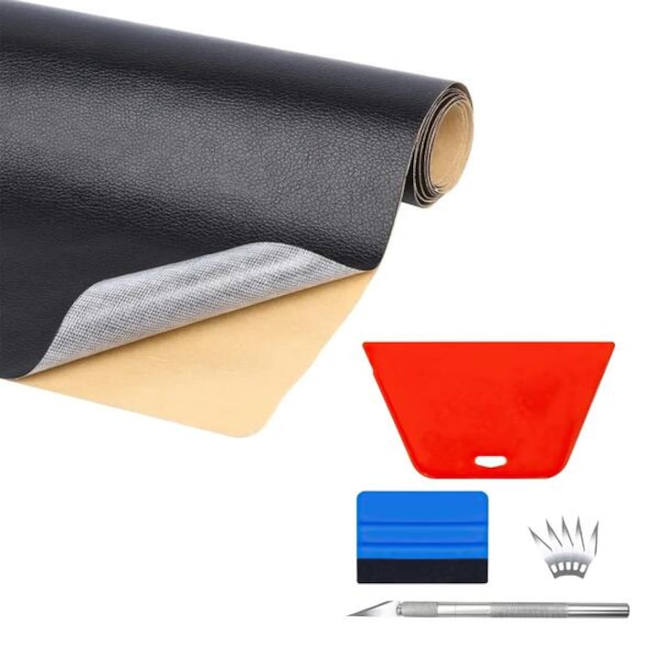 Kit reparatie piele, ideal pentru zgarieturi si crapaturi de pe scaunele auto, scaune sau canapele, material rezistent la apa si durabil, autoadeziv, pachet cu 40 cm x 300 cm material negru si trusa de scule 5 in 1 - WALLPATCHBLACK