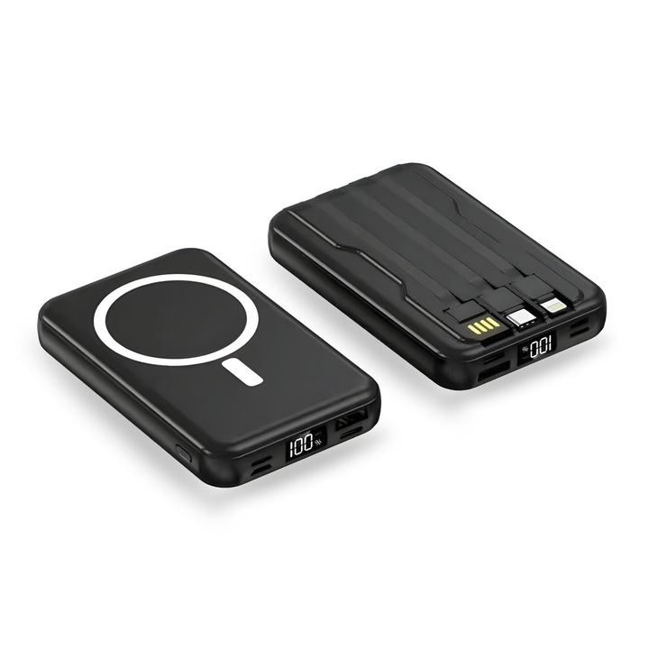 2 в 1 външна батерия и зарядно устройство, Vastru, PowerBank 10 000 mAh, бързо зареждане 22,5 W, магнитно безжично зареждане, 3 вградени кабела, LED дисплей, черен