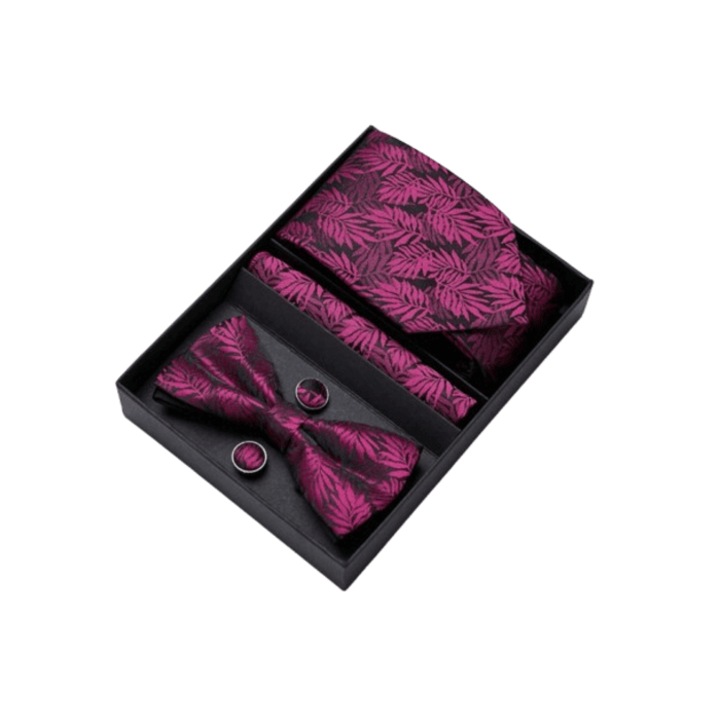 Set 4 articole Cravata, Papion, Batista si Butoni, Mov cu Negru, Model Frunze, 145 x 7.5 cm Cutie