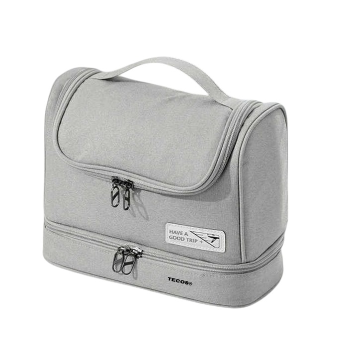 Geanta textila de voiaj unisex pentru depozitare si transport articole cosmetice, Tecos®, dimensiuni 25* 11* 20 centimetri, cu agatatoare, gri