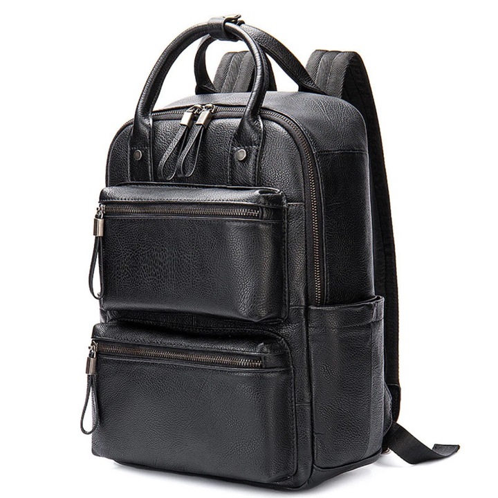 Rucsac barbati piele naturala, BUSY LDY & GTM® Nos, capacitate mare, spatiu tableta si laptop, Negru