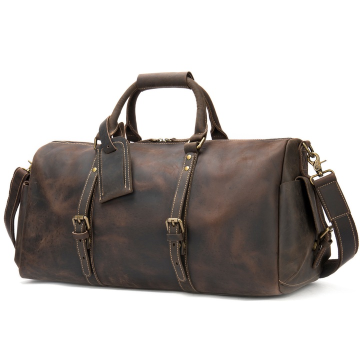 Utazó, fitness táska, prémium természetes bőrből, BUSY LDY & GTM® Bjorn, nagy kapacitású, vintage kávé