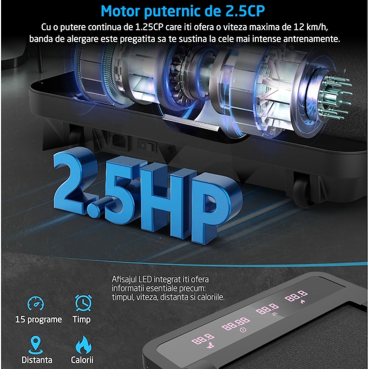 Banda de Alergat GO4FIT® Model FIT10, Viteza Maxima 12km/h, Motor 2.5CP, Sistem Pliere, 15 Programe, Bluetooth, Aplicatii, Kinomap, Zwift, FitShow, Greutate Utilizator 120 kg, Timp, Distanta, Calorii, Viteza, Suprafata Mers 120x42cm