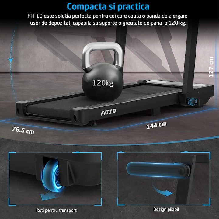 Banda de Alergat GO4FIT® Model FIT10, Viteza Maxima 12km/h, Motor 2.5CP, Sistem Pliere, 15 Programe, Bluetooth, Aplicatii, Kinomap, Zwift, FitShow, Greutate Utilizator 120 kg, Timp, Distanta, Calorii, Viteza, Suprafata Mers 120x42cm