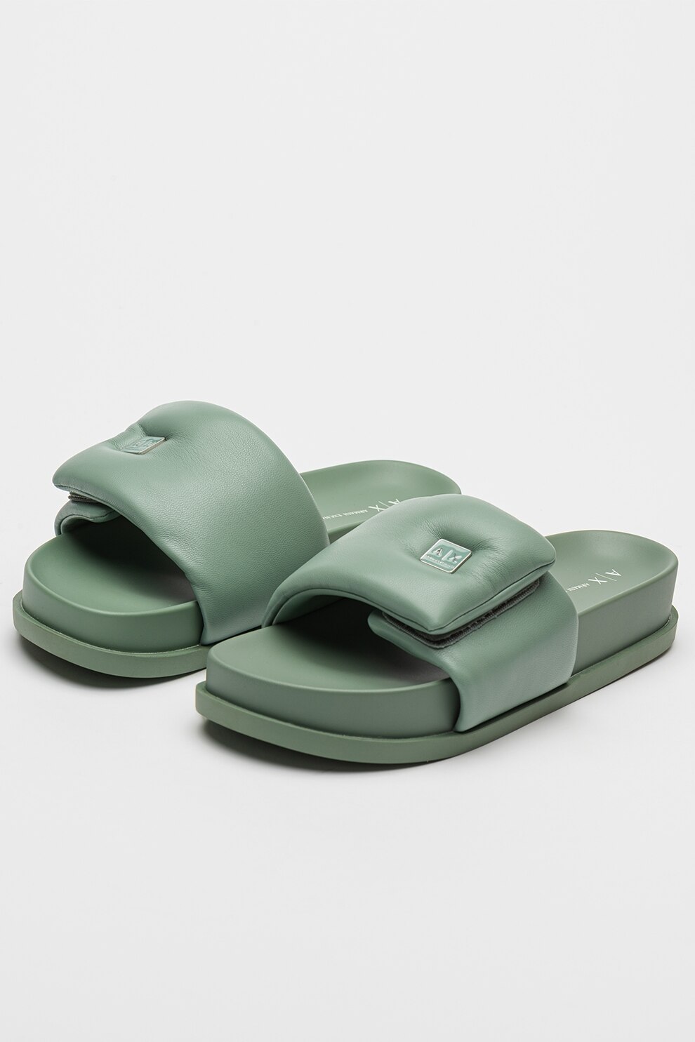 ARMANI EXCHANGE, Papuci cu velcro si logo metalic, Verde menta, 36