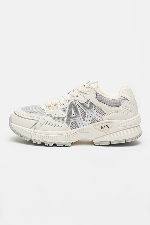 ARMANI EXCHANGE, Féltelitalpú sneaker szintetikus részletekkel, Törtfehér/Ezüstszín