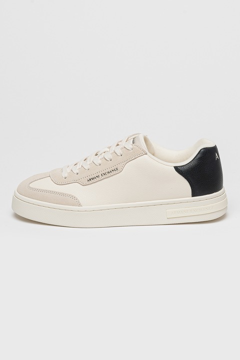 ARMANI EXCHANGE, Műbőr sneaker logós részlettel, Fekete/Krémszín
