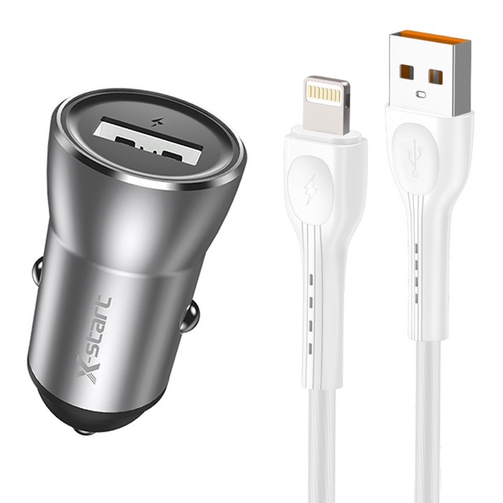 Set Incarcator Auto X-Start CC086L cu Cablu Lightning 1M, Incarcare rapida 20W, Gri