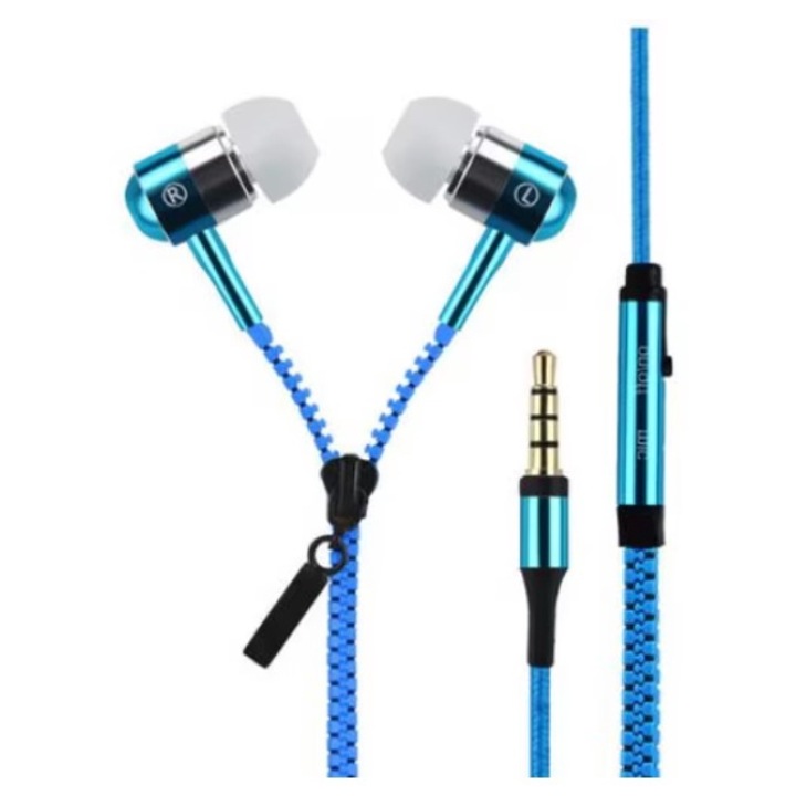 Casti Audio cu Fermoar, in-ear cu Microfon, Albastru