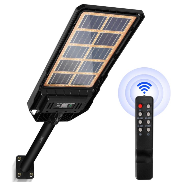 Lampa Solara Stradala Sau Gradina Slim SIKS 300W Cu Panou Solar Monocristalin, De Exterior, 318 LED Tehnologie COS, 3200LM, 20.3W/5V, Lumina Neutra, Telecomanda, Senzori Miscare si Lumina, Brat Montare, Rezistenta la Apa IP65, Kit Montaj Inclus, LSLP300W