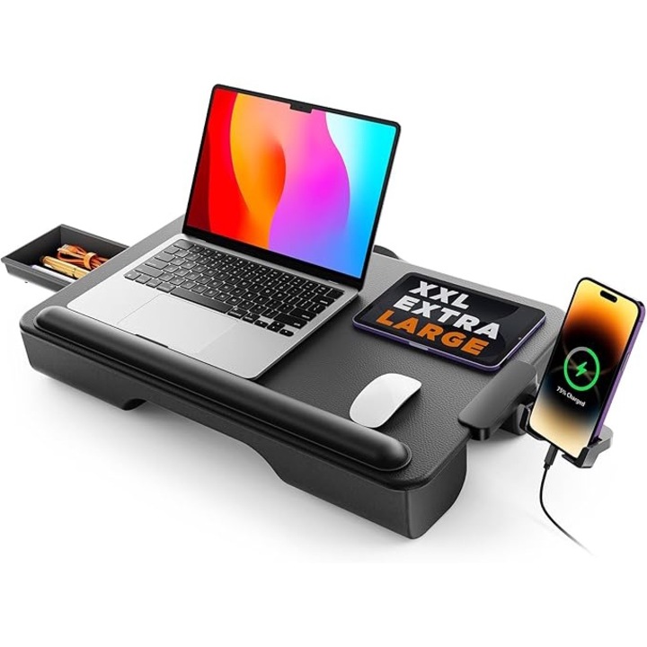 Suport laptop SAIJI cu perna, stand stabil pentru laptop, piele confortabila, pana la 17 inch, cu suport pentru incheieturi, suport pentru telefon, sertar