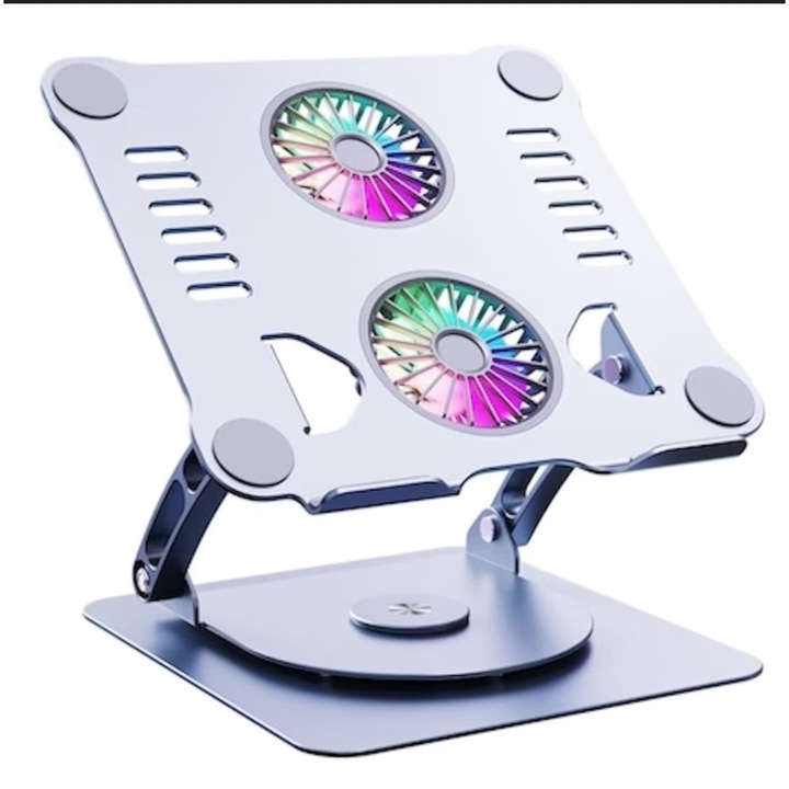 Suport ventilator pentru Laptop si tableta cu dimensiuni intre 9 si 15.6inch, pliabil, baza rotativa 360 grade, cooler cu 2 Ventilatoare si lumini Led, Grey