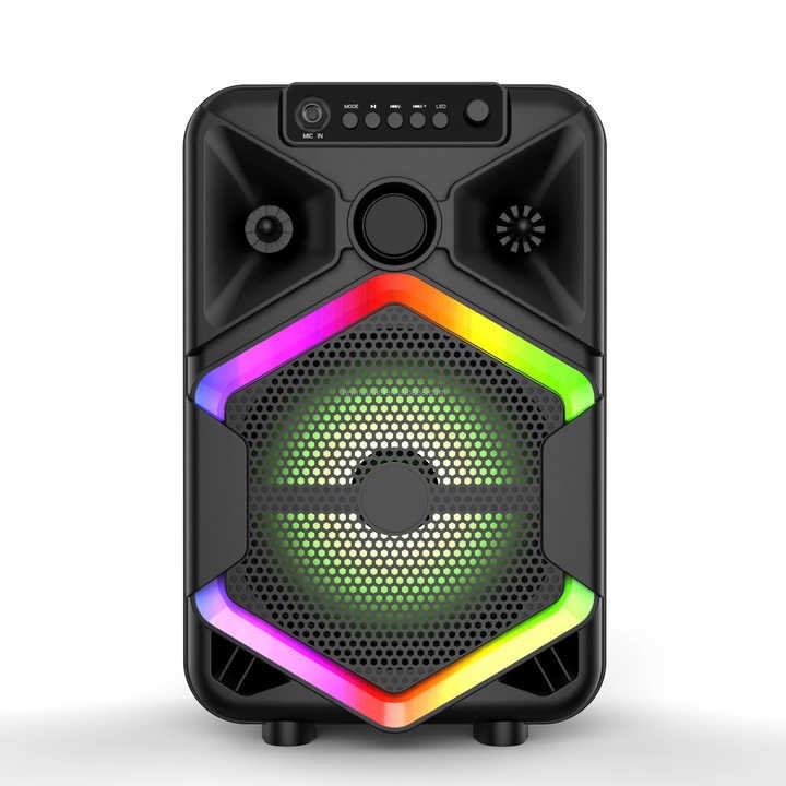 Преносима колонка с RGB светлини, 10W мощност, MP3, USB, bluetooth, TF, WIFI, слот за микрофон, караоке, батерия, черна