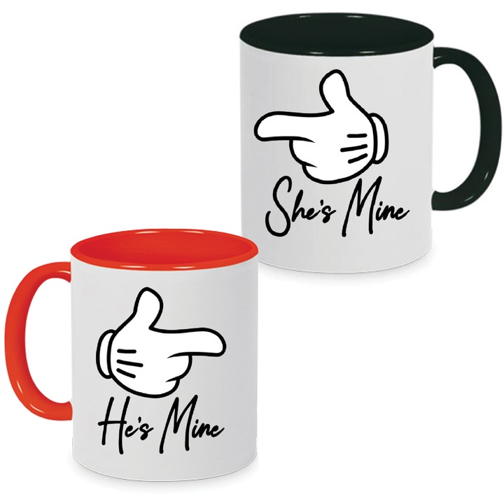 Комплект от 2 керамични чаши, Мини и Мики, червени и черни, 330 мл