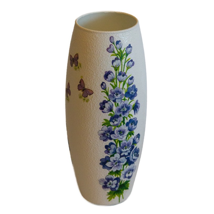 Vaza de sticla, decorata cu flori albastre, 10x10x25cm