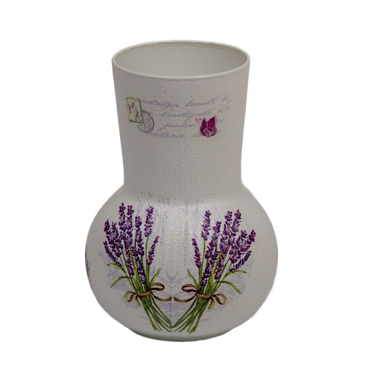 Vaza de sticla, decorata cu buchete de lavanda, 11x11x16, 5 cm