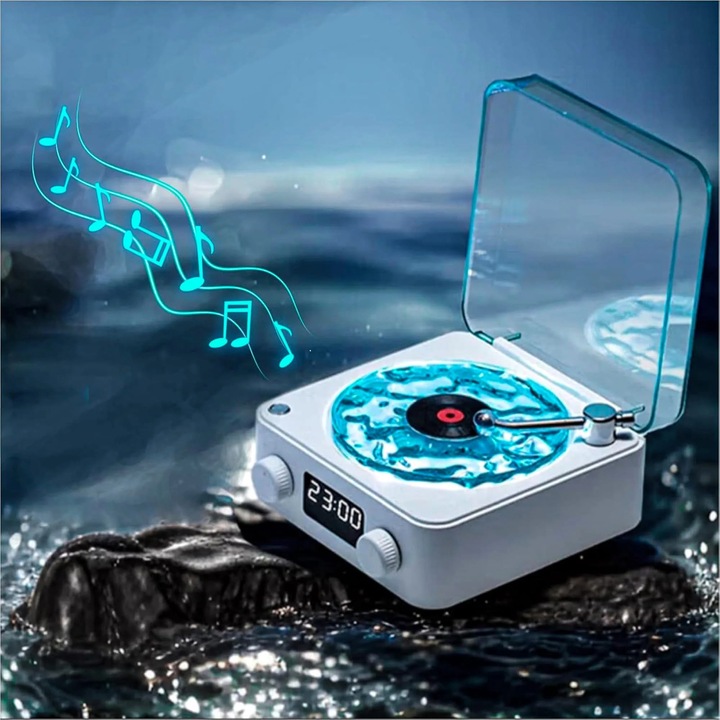 Boxa Portabila Vintage model Vinyl Timebox, cu Lumini, Proiectii de valuri si Timp Reglabil pentru Dormitor si Petreceri, Lampa de veghe tip proiector, AUX, Bluetooth, Card TF, Sunete Albe, Sunet Surround 360°, Alb