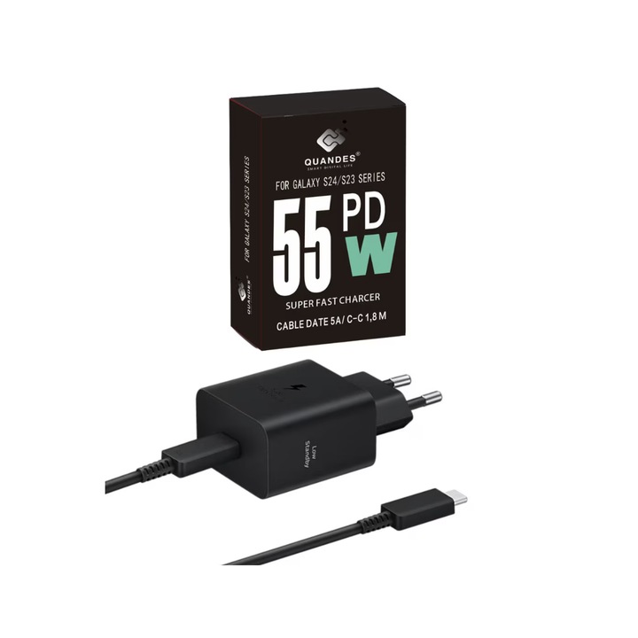Kit Incarcator super Fast Charge 55W PD GaN usb C, pentru Samsung S25, S25 ultra, 1 Cablu de date 1.8m USB-C - C 5A