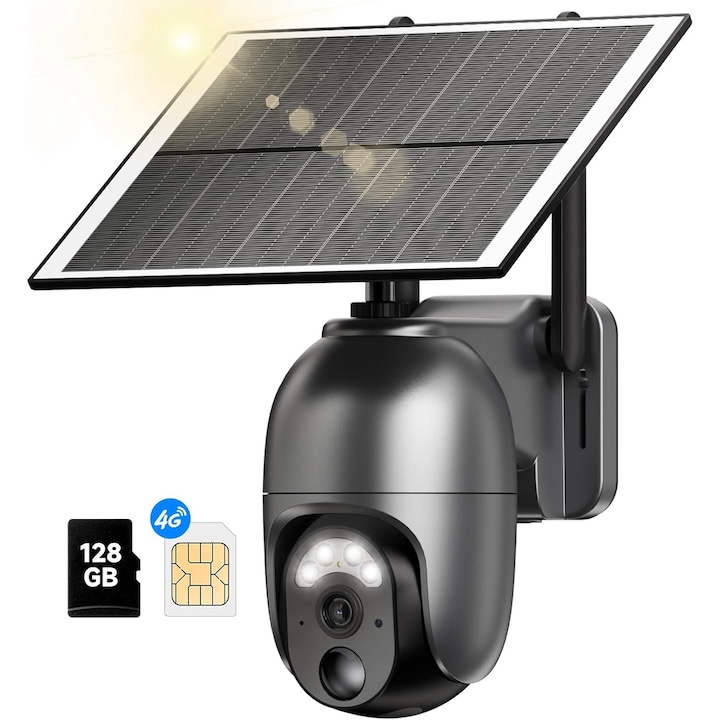 Nuasi 4G LTE външна камера за наблюдение със SIM карта и 128GB SD карта, соларен панел и батерия, 2K PTZ с нощно виждане, двупосочно аудио, детекция на движение, IP66 водоустойчивост