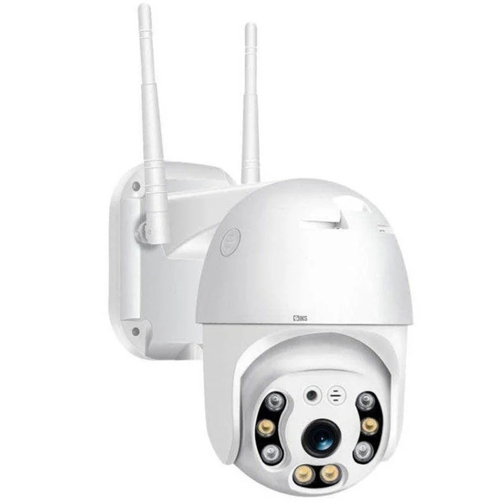 SIKS WIFI Камера за видеонаблюдение, 5 MP, Външно/вътрешно IP66, Глас, Аларма, 4X увеличение, Завъртане, LED светлини, Двупосочна комуникация, Карта/Съхранение в облак, Сензор за откриване на движение, Телефонна връзка, Бял