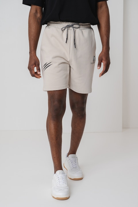 Plein Sport, Pantaloni scurti cu snur si imprimeu logo, Grej