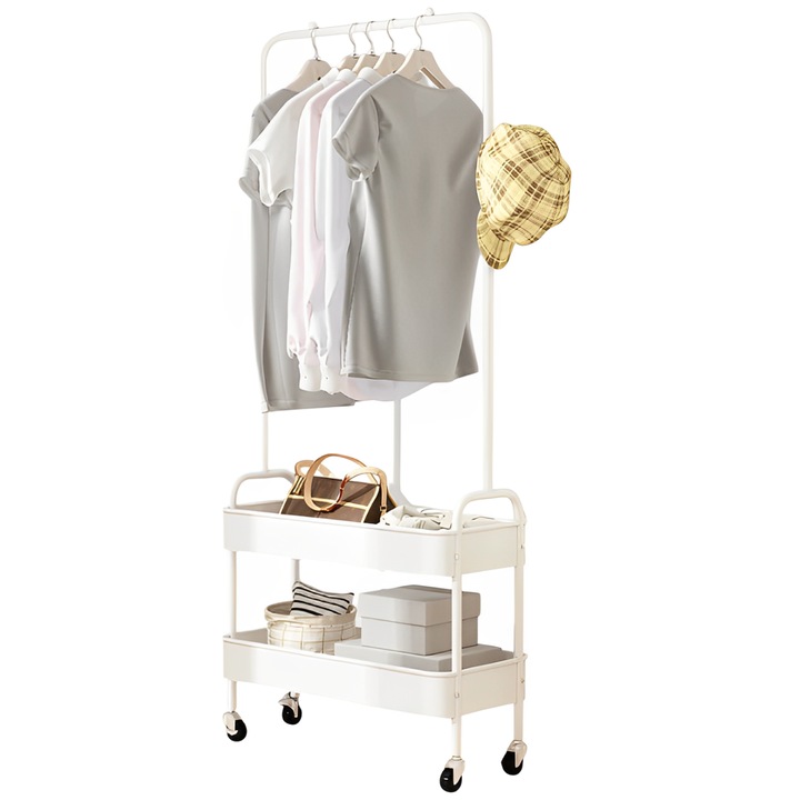 Мобилна метална закачалка с място за закачалки, 2 отделения, Herum, Бяла, 67 x 30 x 159 cm