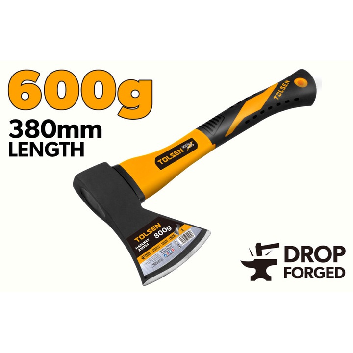 Topor TOLSEN 600 g, Maner GRIPro fibra sticla, Otel carbon forjat, Vopsit negru tratat termic, Ideal pentru taiere lemn si gradinarit, Durabilitate ridicata, rezistenta la uzura, tais ascutit si precis, ideal pentru uz casnic si profesional