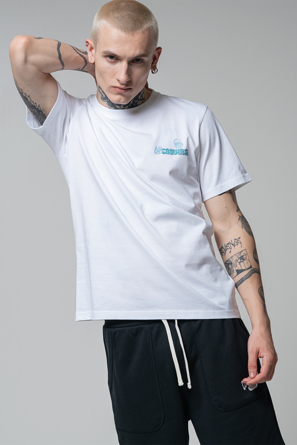 Converse, Tricou cu imprimeu pe spate Undersea, Alb, Albastru aquamarin, S