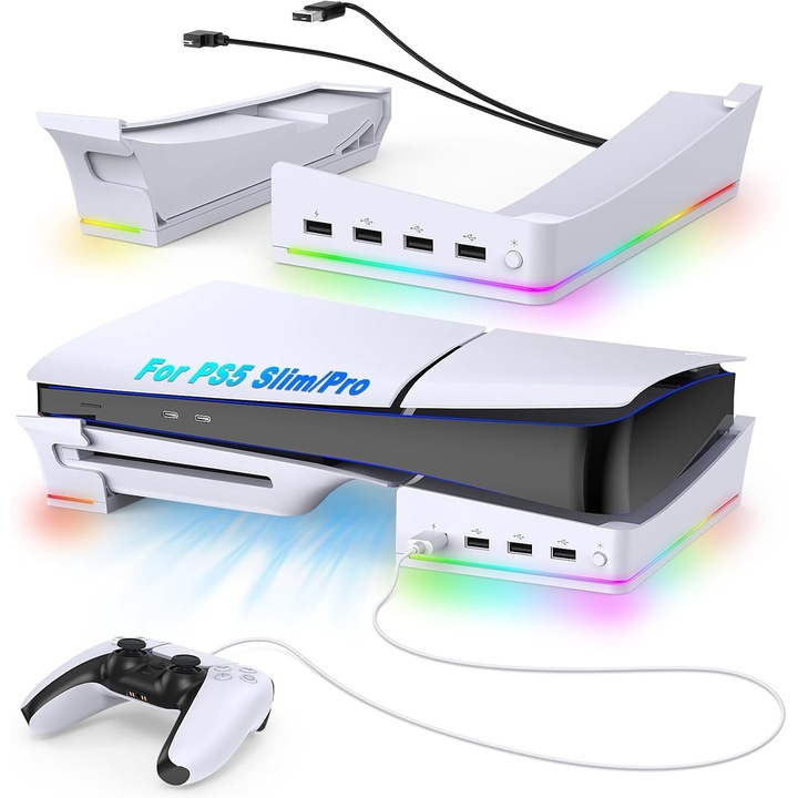 Suport Orizontal Leblou pentru Consola PlayStation 5 (PS5) Slim si Pro, cu Iluminare RGB in 14 Moduri, Hub USB cu 4 Porturi pentru Incarcare si Transmisie Date, Design Ergonomic si Stabil, Compatibil cu Editiile Digitala si cu Disc, Culoare Alba