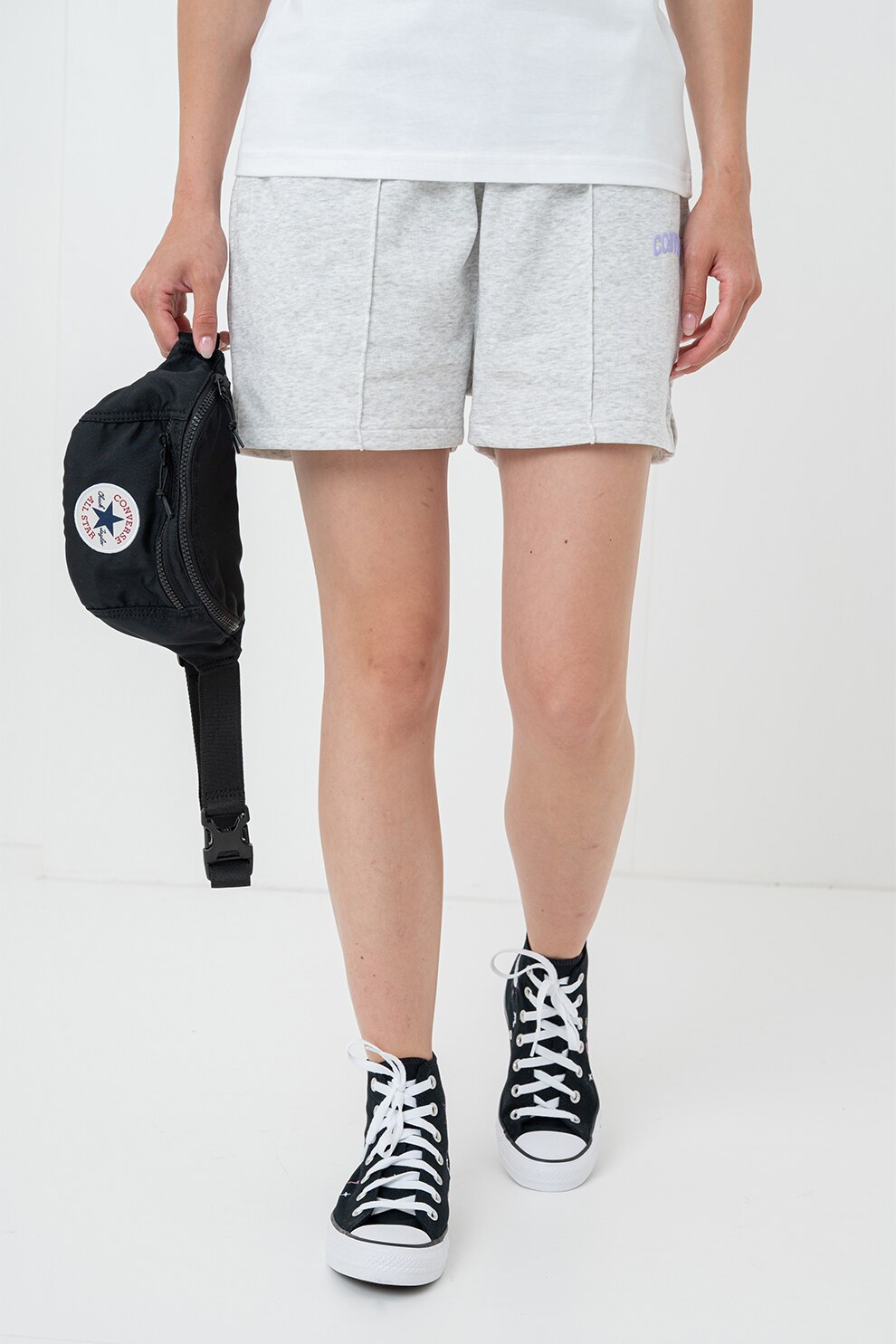 Converse, Pantaloni scurti cu talie inalta si logo brodat, Lila, Gri deschis melange, S