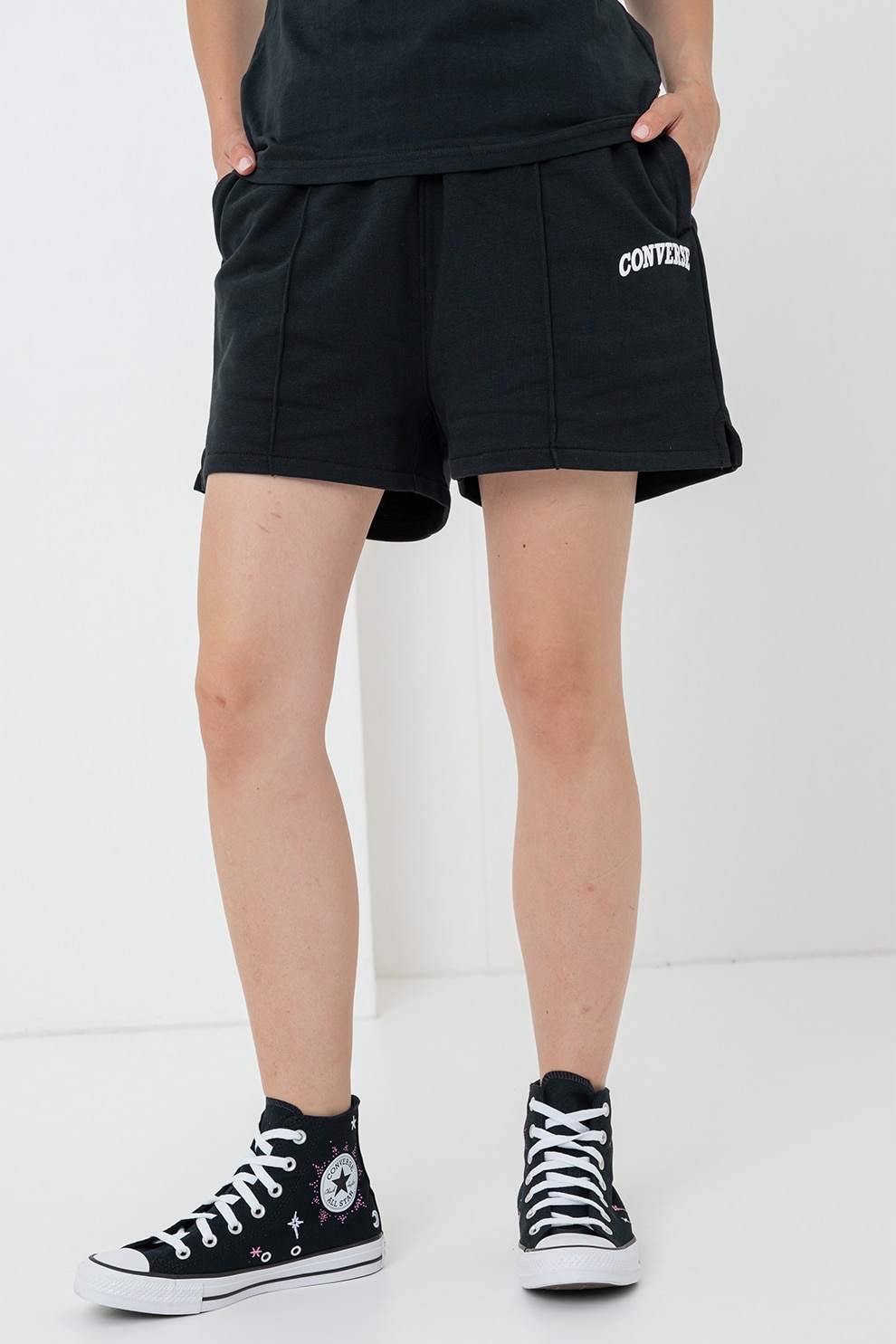 Converse, Pantaloni scurti cu talie inalta si logo brodat, Alb, Negru, S