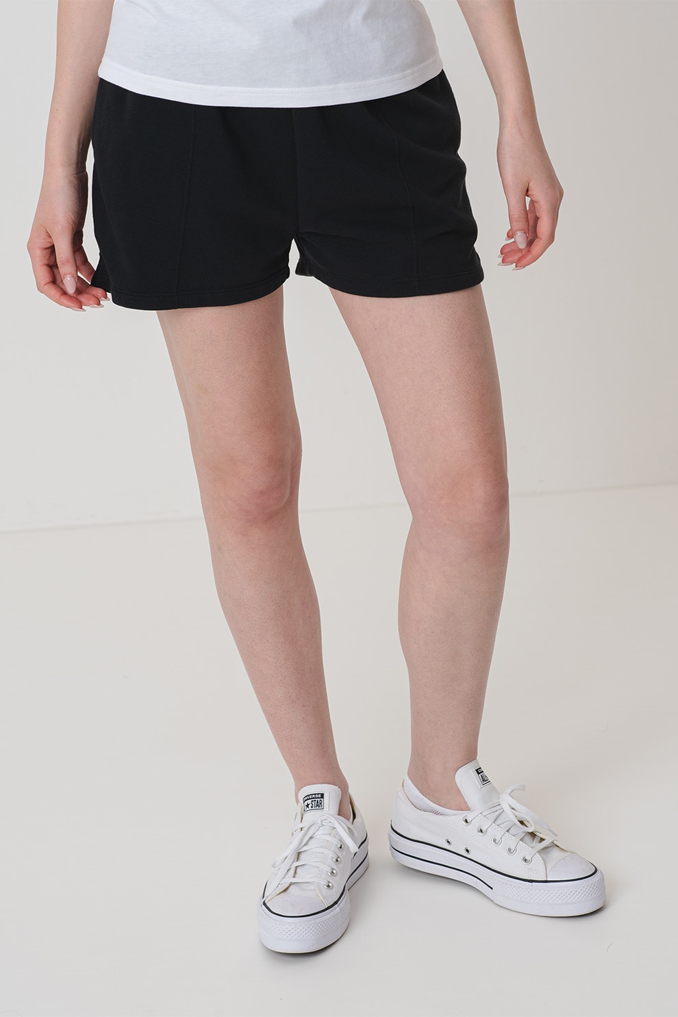 Converse, Pantaloni scurti cu banda elastica in talie si talie inalta, Negru, S
