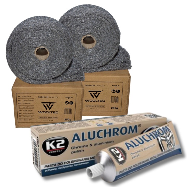 Комплект за полиране на хром и алуминий Wooltec, 500g стоманена вата + 120g K2 Aluchrom полираща паста