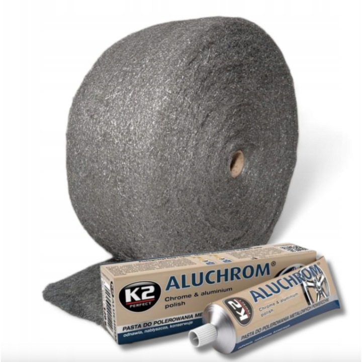 Комплект за полиране на хром и алуминий Wooltec, 1 кг стоманена вата + полираща паста K2 Aluchrom 120 г