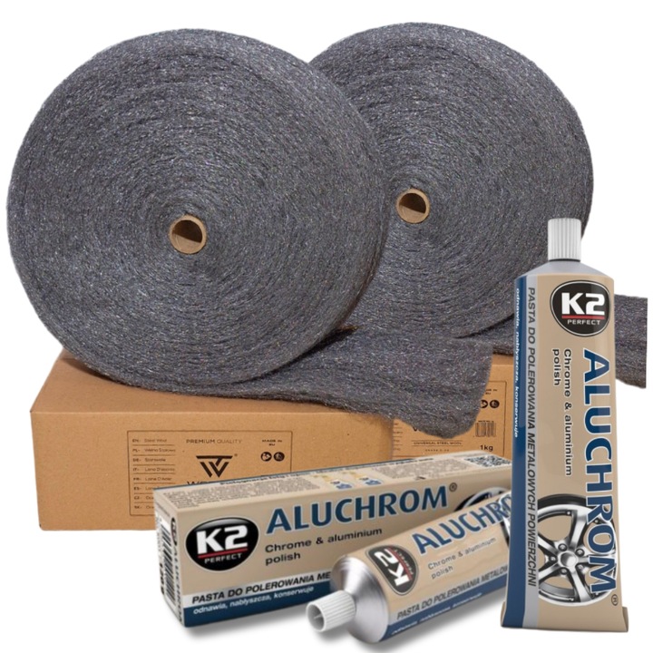 Kit de lustruit pentru Crom si Aluminiu Wooltec, vata de otel 2kg + 2 paste de lustruit K2 Aluchrom 120g