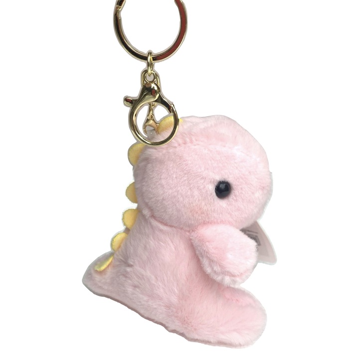 Jucarie de plus pentru copii, cu breloc, atasabil de ghiozdan, model Dinozaur, Roz