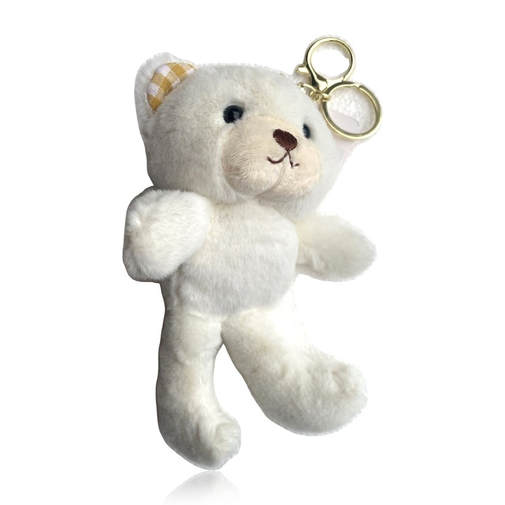 Jucarie de plus pentru copii, cu breloc, atasabil de ghiozdan, model Ursulet, Crem