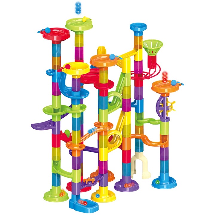 Конструктор Kidprotect Marble SphereStack, 123 части, STEM, лабиринт, включени 10 топчета, въртене и пресичане, образователен и творчески, писта с топка, 3 години+, многоцветен