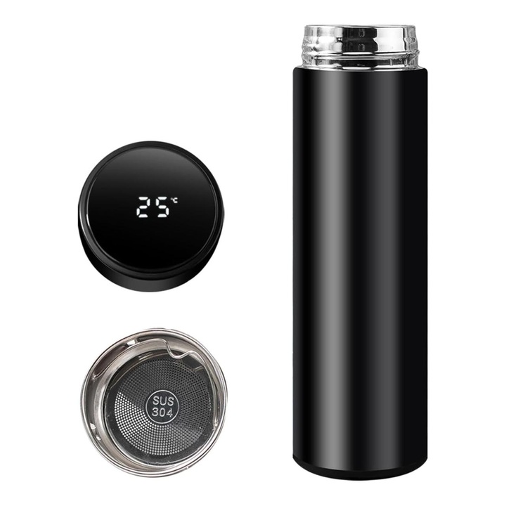 Intelligens termosz LED hőmérséklet kijelzővel, 500 ml, Inox-T7, Prémium minőségű acél, Intelligens, 22,5 x 6,5 cm, Akár 6 órán keresztül melegen tartja az italokat, fekete, HAPPY JOKER®