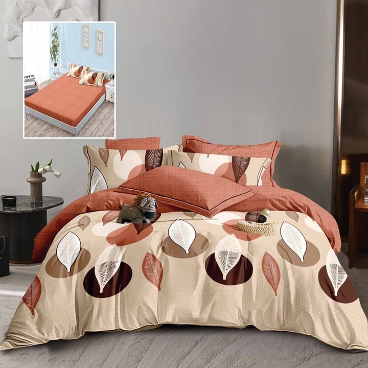 Finetből készült franciaágynemű stilizált levelekkel, ráhúzott lepedő gumival 180x200 cm, 6 db, Lenzerii Deosebite