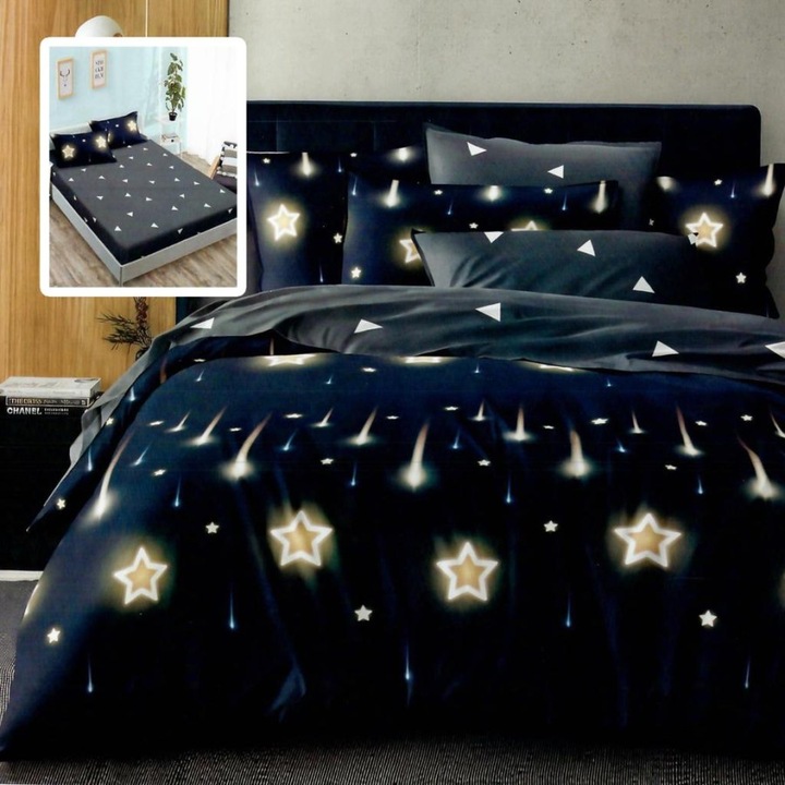 Lenjerie pat dublu din finet cu stelute aurii, cearceaf pat cu elastic 180x200 cm, 6 piese, Lenjerii Deosebite