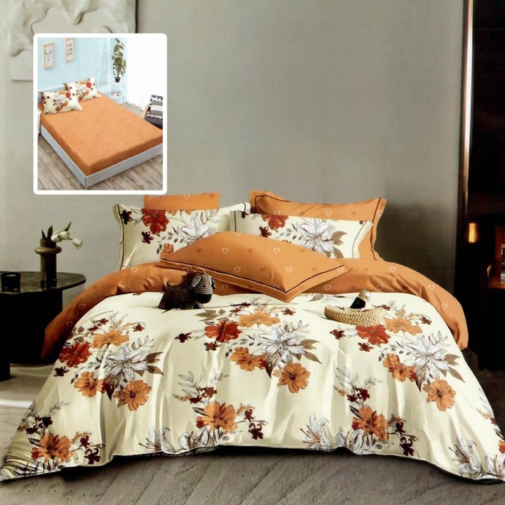 Lenjerie pat dublu din finet bej cu flori, cearceaf pat cu elastic 180x200 cm, 6 piese, Lenjerii Deosebite