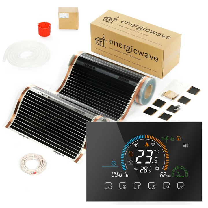 Folie de incalzire cu infrarosu, Incalzire in pardoseala electrica 80W/m2, Termostat WiFi negru programabil, Latime 50 cm, Sub parchet panouri, 6 m2