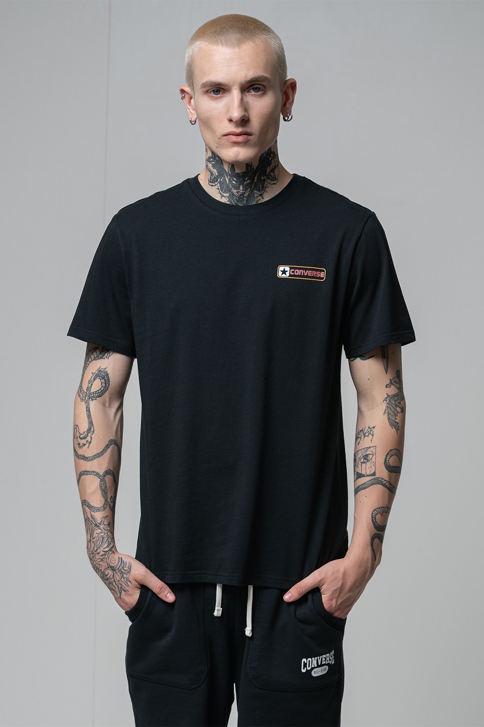Converse, Tricou cu imprimeu logo pe partea din spate, Negru, Albastru glaciar, M