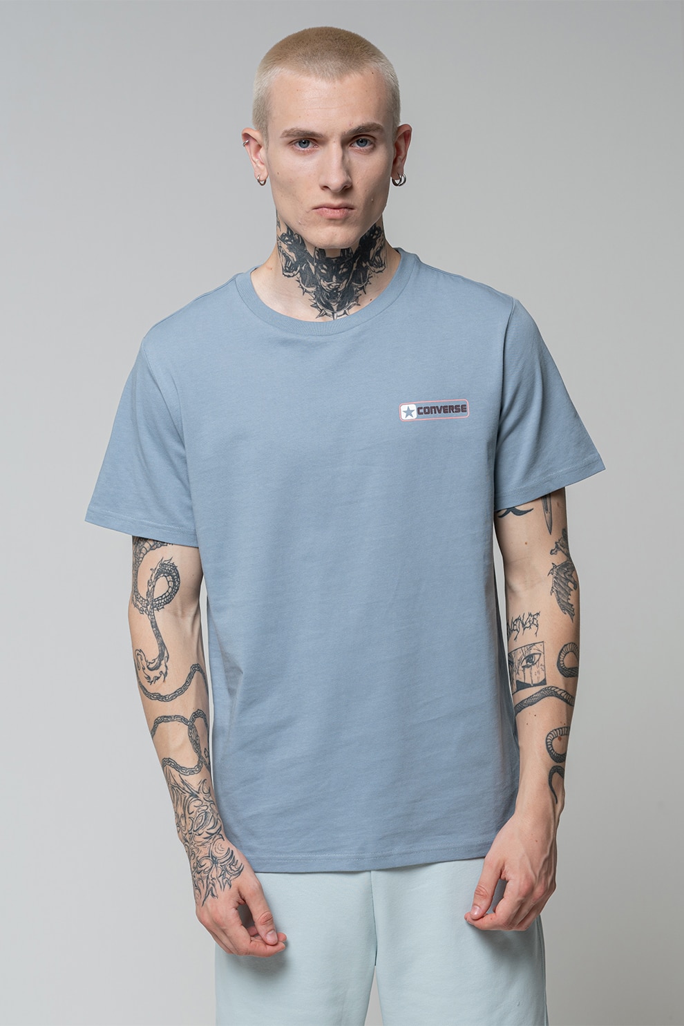Converse, Tricou cu imprimeu logo pe partea din spate, Albastru prafuit, Alb murdar, S