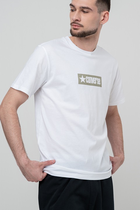 Converse, Tricou cu decolteu la baza gatului si imprimeu logo Retro, Alb/Kaki